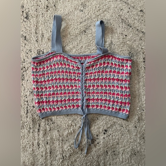 Natural Charm Light Blue Multi Crochet Lace-Up Tank Top Size XL - Picture 4 of 4